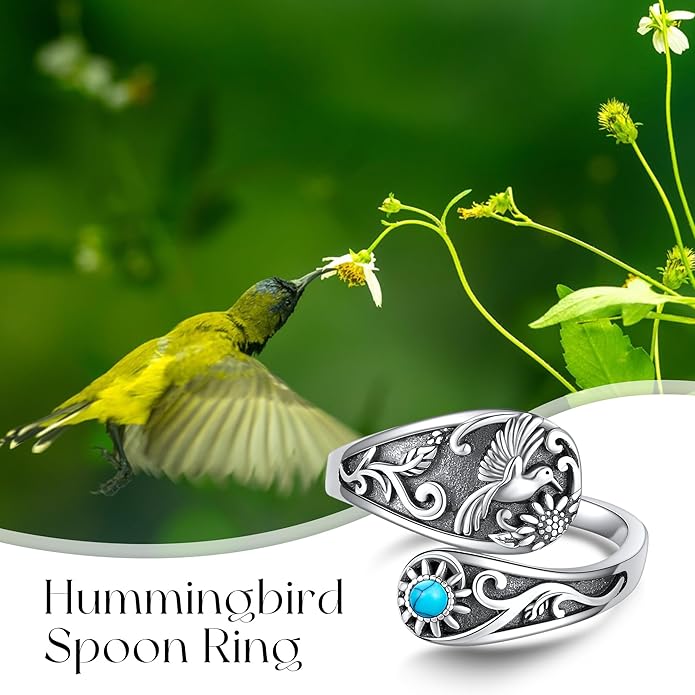 Hummingbird Ring 925 Sterling Silver Turquoise Sunflower Adjustable Open Spoon Ring Victorian Style Bird Jewelry Mothers Gifts for Women Mom Grandma