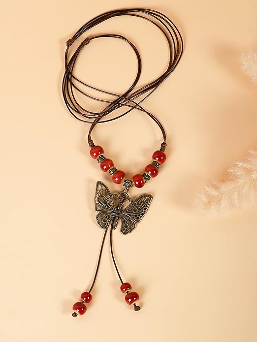 MINACHI Hippie Boho Colorful Ceramic Bead Butterfly Charm Pendant Y Necklace, Vintage Bohemian Statement Jewelry Gift for Women