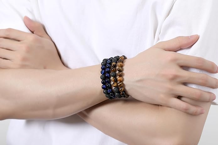 XIANNVXI Natural Stone Beads Bracelet for Men Crystal Bracelets 8MM Tiger Eye Lava Rock Obsidian Beaded Bracelet Set Black/Red/Blue Crystal Beaded Bracelets for Men