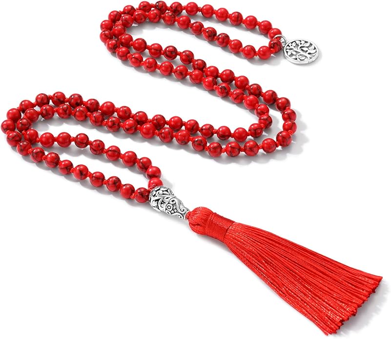 INBLUE 108 Mala Prayer Beads Wrap Necklace with Long Tassel Boho Necklace for Women Amazonite Bead Bracelet with Spiritual Tree of Life Pendant 108 Beads Necklace for Meditation