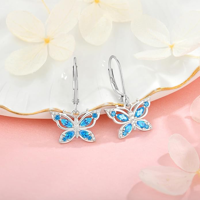 Women's Butterfly Leverback Dangle Earrings 925 Sterling Silver 5A Cubic Zirconia Jewelry for Valentine Mother's Day Birthday Gifts for Her