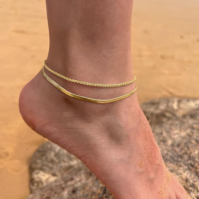 Risamil 14K Gold Plated Ankle Bracelets for Women, Anklets for Women Waterproof Layered Ankle Bracelets for Women Teen Girl Herringbone Anklet Set Summer Foot Jewelry Gifts