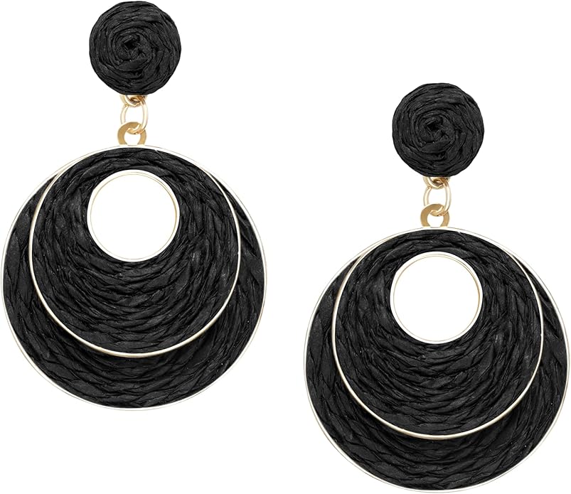 Raffia Hoop Earrings for Women - Boho Straw Wiker Dangle Drop Earrings for Summer Beach, Bohemian Trendy Rattan Jewelry