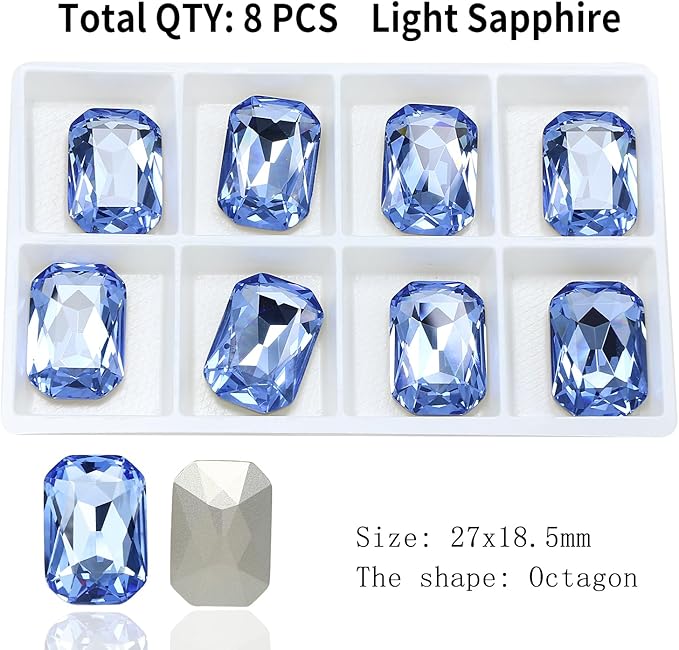 8Pcs Octagon Crystal Pointback Rhinestones,27 * 18.5mm Large Glass Rhinestones Gem Stones for Crafts Dress Shoes Jewelry Making，Light Blue