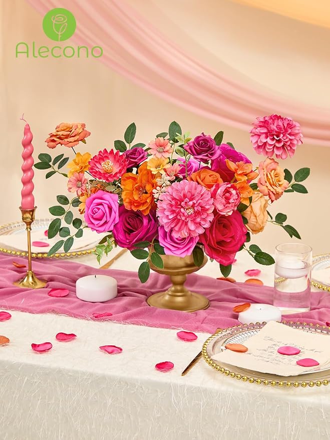 Alecono Orange and Hot Pink Artificial Flowers, Silk Fake Floral Set | - Image 3