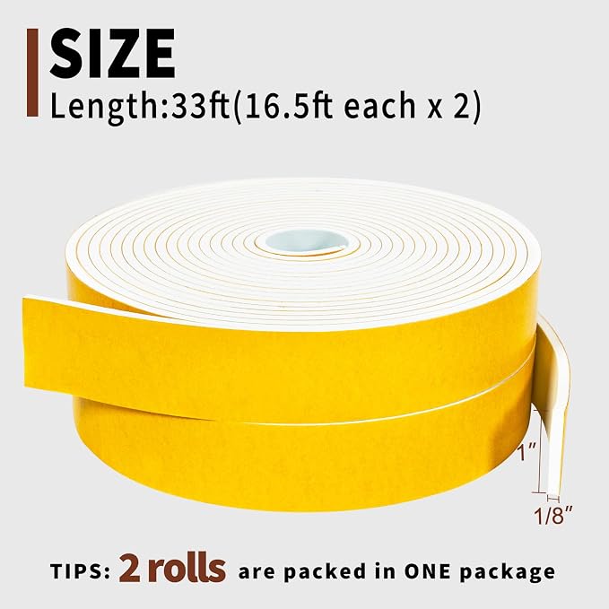 Yotache White Foam Seal Strips Tape 1" X1/8", Total 33 Feet Long | High Density - Image 4
