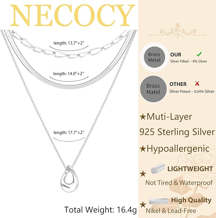NECOCY Valentine's Day Gift 14k Gold/Silver Plated Layered Gold Necklaces for Women, 3Pcs Dainty Herringbone Choker Set, Trendy Stack Simple Chain Layering Pendant Jewelry