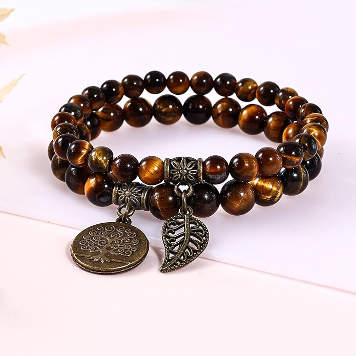 Bivei Natural Semi Precious Gemstone beads bracelet for women - Life Tree and Leaf Charm Energy Reiki Crystal Stretch Bracelets