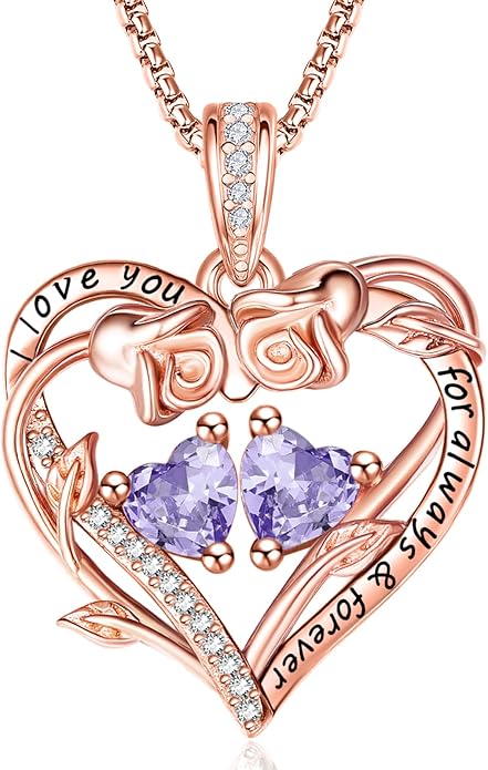 Rose Heart Necklaces for Women, Rose Gold Forever Love Jewelry with 2 Birthstones Pendant,Valentines Anniversarry Birthday Gifts for Her Wife Mom Grandma Daughter, 18+2 Inch Chain