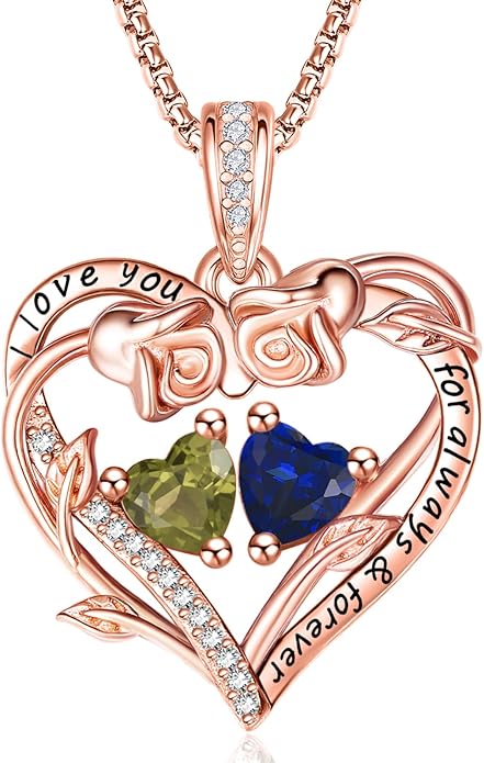 Rose Heart Necklaces for Women, Rose Gold Forever Love Jewelry with 2 Birthstones Pendant,Valentines Anniversarry Birthday Gifts for Her Wife Mom Grandma Daughter, 18+2 Inch Chain