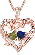 Rose Heart Necklaces for Women, Rose Gold Forever Love Jewelry with 2 Birthstones Pendant,Valentines Anniversarry Birthday Gifts for Her Wife Mom Grandma Daughter, 18+2 Inch Chain
