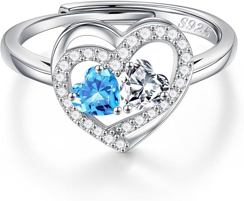 Iefil Adjustable Ring for Women - 925 Sterling Silver Double Birthstone Rings, Anniversary Birthday Gifts for Women Wife Her