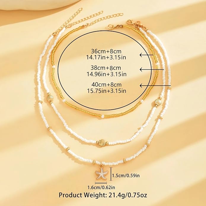 Shell Starfish Necklace for Women, 14k Gold Plated Boho Layered Beaded Charm Pendant Necklace, Dainty Adjustable Pearl Conch Summer Beach Vacation Jewelry Gifts