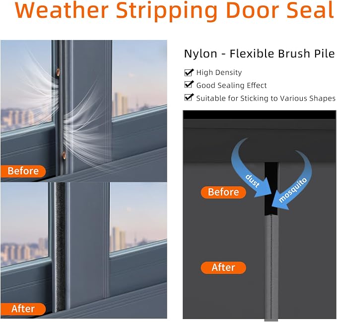 Brush Weather Stripping, 0.35in x 66Ft Total, Window Insulation Seal, Door - Image 5