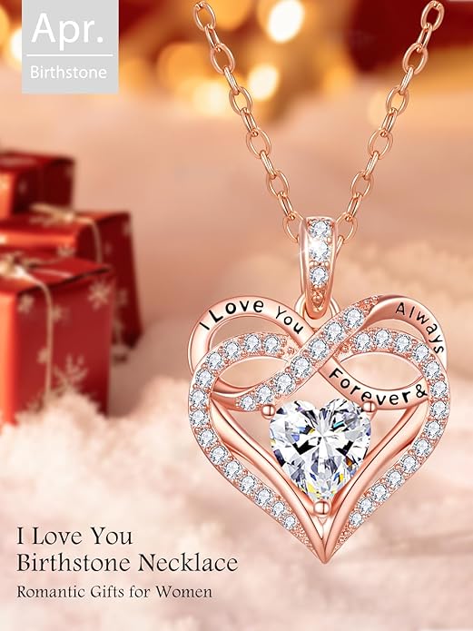 Infinity Rose Gold Valentines Heart Birthstone Necklace for Women,I Love You Always and Forever Jewelry,Valentines Anniversary Birthday Gifts for Her Wife Mom Grandma Daughter