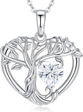 Tree of Life Necklaces for Women 925 Sterling Silver Heart Pendant Birthstone Necklace Created Gemstone Jewelry for Her, 18"+2"