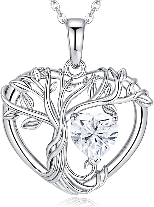 Tree of Life Necklaces for Women 925 Sterling Silver Heart Pendant Birthstone Necklace Created Gemstone Jewelry for Her, 18"+2"