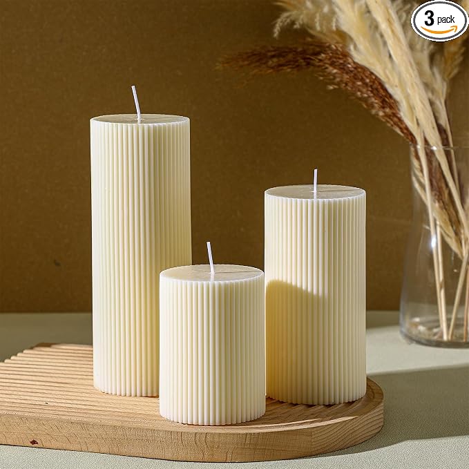Conelist Ribbed Pillar Candles Set of 3, Width 3" High 4" 6" 8" by Conelist