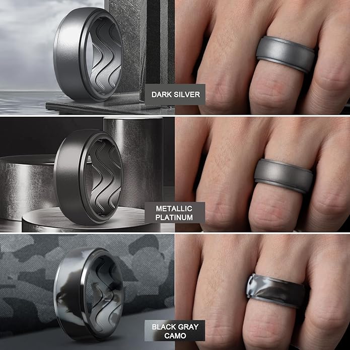 Egnaro Men's Silicone Rings 10mm Wide 2.5mm Thick, Rubber Wedding Bands with Inner Arc Ergonomic Breathable Design, 1/4/5/7 Variety Multipack