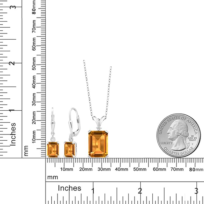 Gem Stone King 9-13 Cttw Pendant and Earrings Jewelry Set For Women | Emerald Cut 14X10MM and 8X6MM | Round 1.5MM | Gemstone Birthstone and Diamond | 925 Sterling Silver | 18 Inch Silver Chain