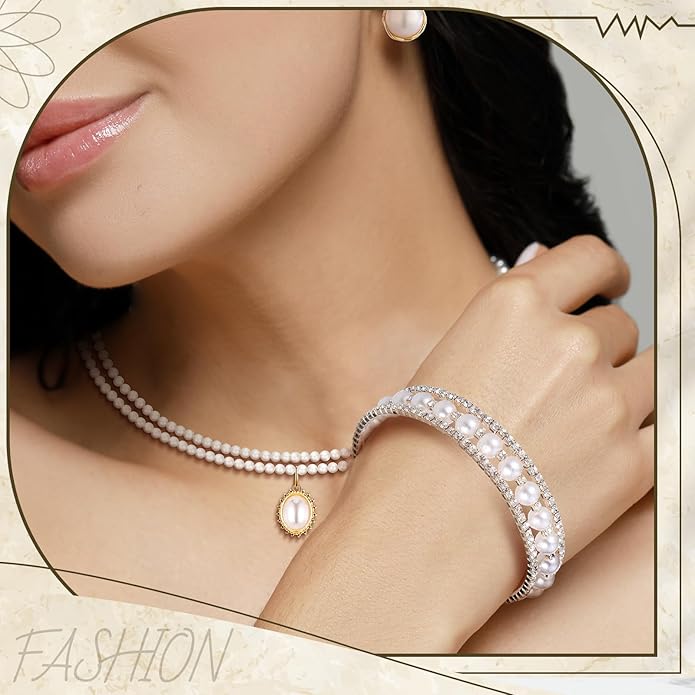 Glenmal Pearl Rhinestone Jewelry Set for Women Pearl Necklace Bracelet Earrings for Wedding Birthday Bridal Shower Tea Party