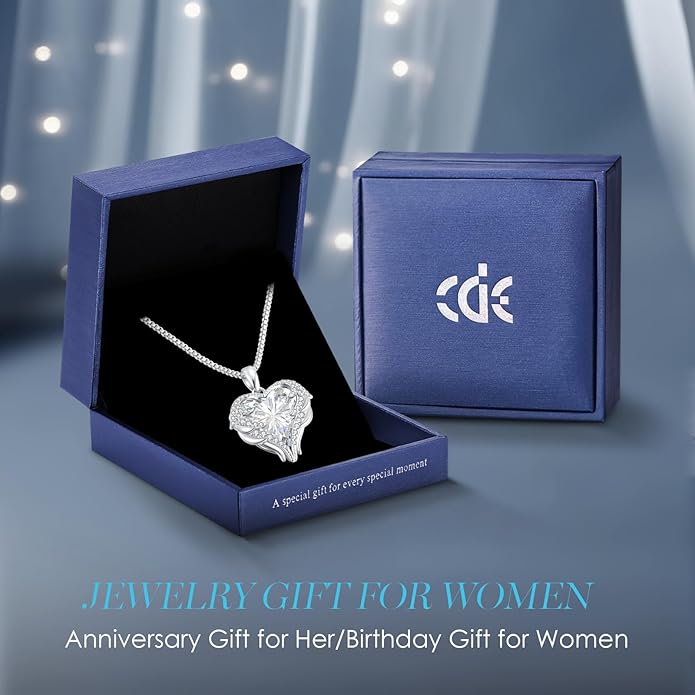 CDE Valentines Day Gifts for Women Angel Wings Necklace for Women with Birthstone, Love Heart Silver Tone/Gold Tone Pendant, Ideal Anniversary or Birthday Jewelry Gifts for Wife Girlfriend Her