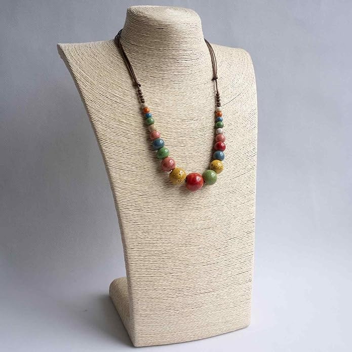 Boho Round Colorful Ceramic Beaded Necklace, Adjustable Hippie Statement Necklace, Handmade Ethnic Jewelry Gift for Women