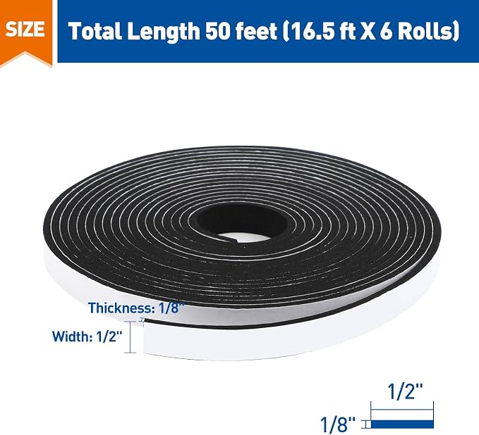 MAGZO 1/2in Wide X 1/8in Thick Weather Stripping Door Seal 99FT | Closed Cell - Image 2