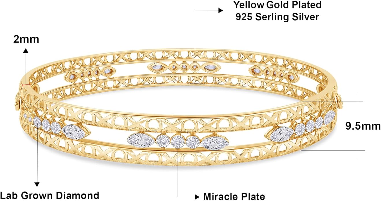 Bangle Bracelets for Women 0.25 Carat (ctw) Round Lab Grown Diamond Miracle Set 3-Row Cuff Bangle Bracelets In 14K Gold Over Sterling Silver Jewelry Gifts For Her Size-7.00 to 8.00 Inch