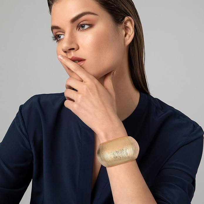 HZMAN 18K Gold Plated Wide Cuff Bracelet for Women - Premium Alloy Shiny Polished Double Layer Statement Bangle, Trendy Daily Wear Party Jewelry Accessory