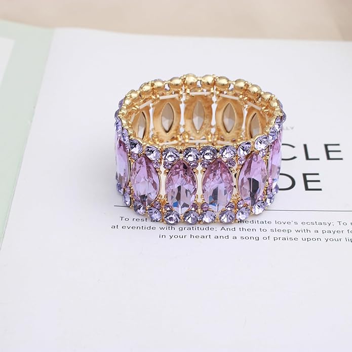 Women’s Elegant Wedding Bridal Crystal Double Row Marquise-Shape Leaf Stretch Bangle Bracelet Bride Jewelry for Women
