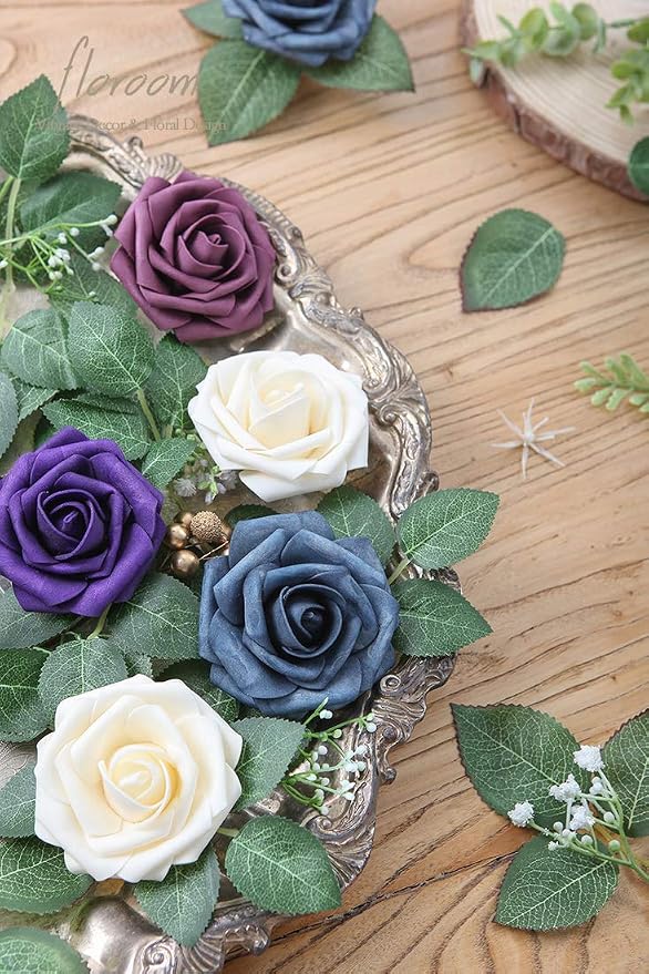 Artificial Flowers 50pcs Real Looking Dark Purple Foam Fake Roses - Image 4
