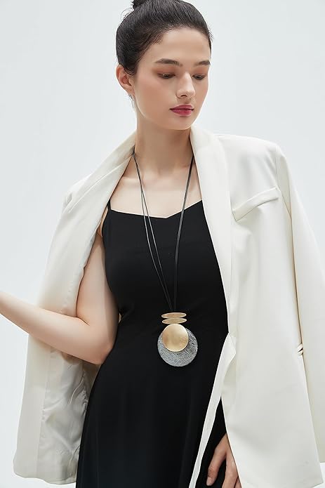 GelConnie Leather Necklace for Women Large Pendant Long Brown Necklace Circle Leather Choker Vintage Sweater Necklace Gold Chunky Boho Necklaces for Women