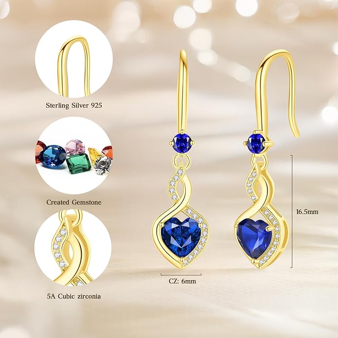 FANCIME Heart Infinity Dangle Drop Earrings 925 Sterling Silver Heart Gemstone Birthstone Earring