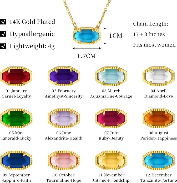 Birthstone Necklace for Women 14K Gold Plated Dainty Pendant Teen Trendy Stuff Jewelry Gift Chain 17+3 Inch