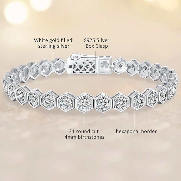 Birthstone Tennis Bracelets for Women Birthday Gifts 925 Sterling Silver Hexagon White Gold Bracelets Round Cut 5A Cubic Zirconia Prong Setting 7 Inch Anniversary Jewelry Gift