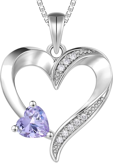 YL Heart Necklace 925 Sterling Silver Love Heart Pendant Birthstone Jewelry for Women