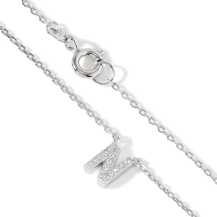 JTV Sterling Silver Initial Necklace for Women, 0.13 CTW White Cubic Zirconia Letter Pendant, Rhodium-Plated, Personalized Monogram Jewelry, Gift Box Included, 18”