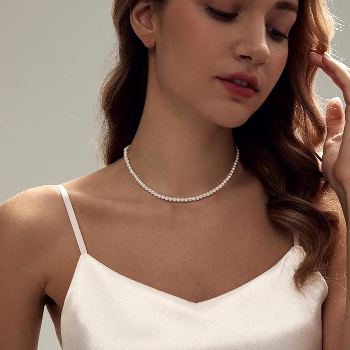 Zeffy Pearl Necklace 4MM/6MM/8MM Dainty Round Imitation Pearl Choker Necklace Wedding Pearl Necklace Delicate Jewelry for Women Simple Bridesmaid Jewelry Gifts