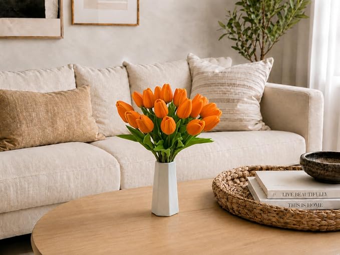 Mandy's 20pcs Artificial Orange Tulips | 13.5 Inch Lifelike PU Tulips Faux - Image 7