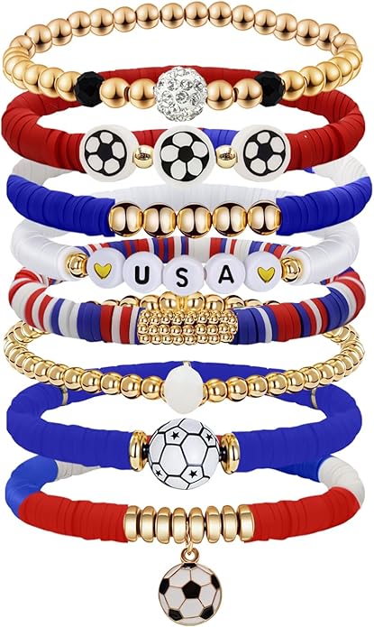 Game Day Bracelets for Women, Stackable Heishi Beaded Stretch Soccer Bracelet Soccer, World Soccer Cup Team Color Accessories & Outfits Jewelry, Soccers Dads Moms Coaches Fans Gifts