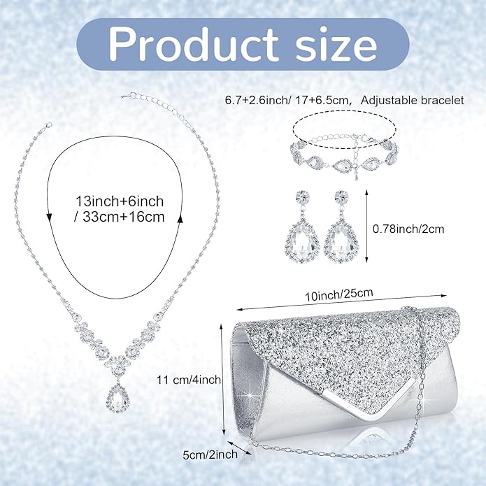 Hicarer 5 Pcs Dressy Jewelry Sets, Silver Shawls and Wraps, Clutch Purse for Homecoming Prom Evening Women Formal