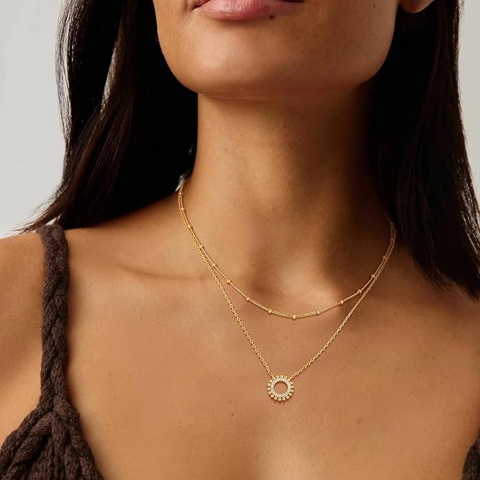 MEVECCO Gold Necklace for Women 18k Gold Plated Sun Charm Choker Pendant Necklace Handmade Minimalist Small Cute Jewelry for Birthday Gifts