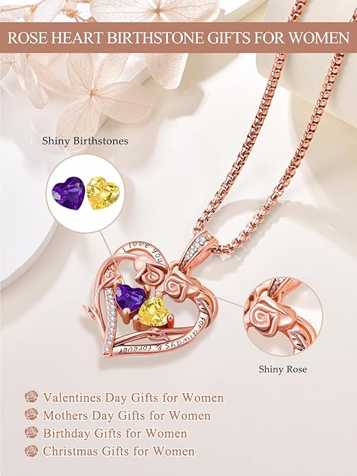 Rose Heart Necklaces for Women, Rose Gold Forever Love Jewelry with 2 Birthstones Pendant,Valentines Anniversarry Birthday Gifts for Her Wife Mom Grandma Daughter, 18+2 Inch Chain