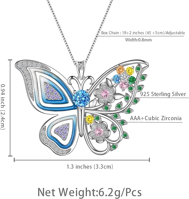 Aurora Tears 925 Sterling Silver Butterfly Flower Pendant Necklace - Colorful Enamel Zircon Adjustable Chain Jewelry Gift for Women Her