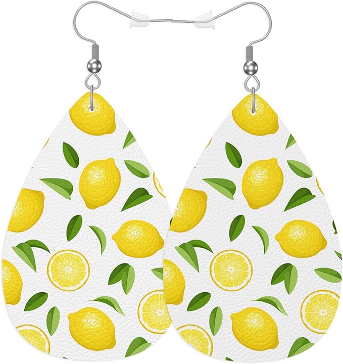 Yellow Lemon Woman Earrings, Tropical Fruit Lemon Slices Green Leaves Lightweight Leather Dangle Teardrop Earrings Jewelry For Ladies Friends