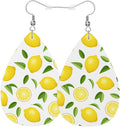 Yellow Lemon Woman Earrings, Tropical Fruit Lemon Slices Green Leaves Lightweight Leather Dangle Teardrop Earrings Jewelry For Ladies Friends