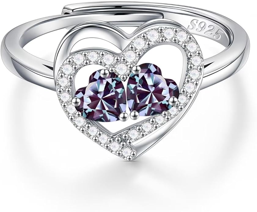 Iefil Adjustable Ring for Women - 925 Sterling Silver Double Birthstone Rings, Anniversary Birthday Gifts for Women Wife Her