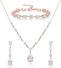 Crysdue Teardrop Bridal Jewelry Set for Wedding Party, Silver/14K/Rose Gold Plated Prom Costume Jewellery for Bride Bridesmaids Women, Cubic Zirconia Necklace Dangle Earrings Bracelet