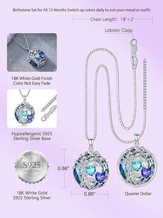 TOUPOP s925 Sterling Silver Family Celtic Tree of Life Pendant Necklaces with 2 Heart Birthstone with Blue Austrian Crystal Jewelry Birthday Valentines Day Gifts for Her, Anniversary Christmas Gifts for Wife Girlfriend Mom (18K Real White Gold Filled)